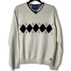 Tommy Hilfiger - Men's Vintage Argyle V-Neck Sweater Cream Navy 90s - Sz. L